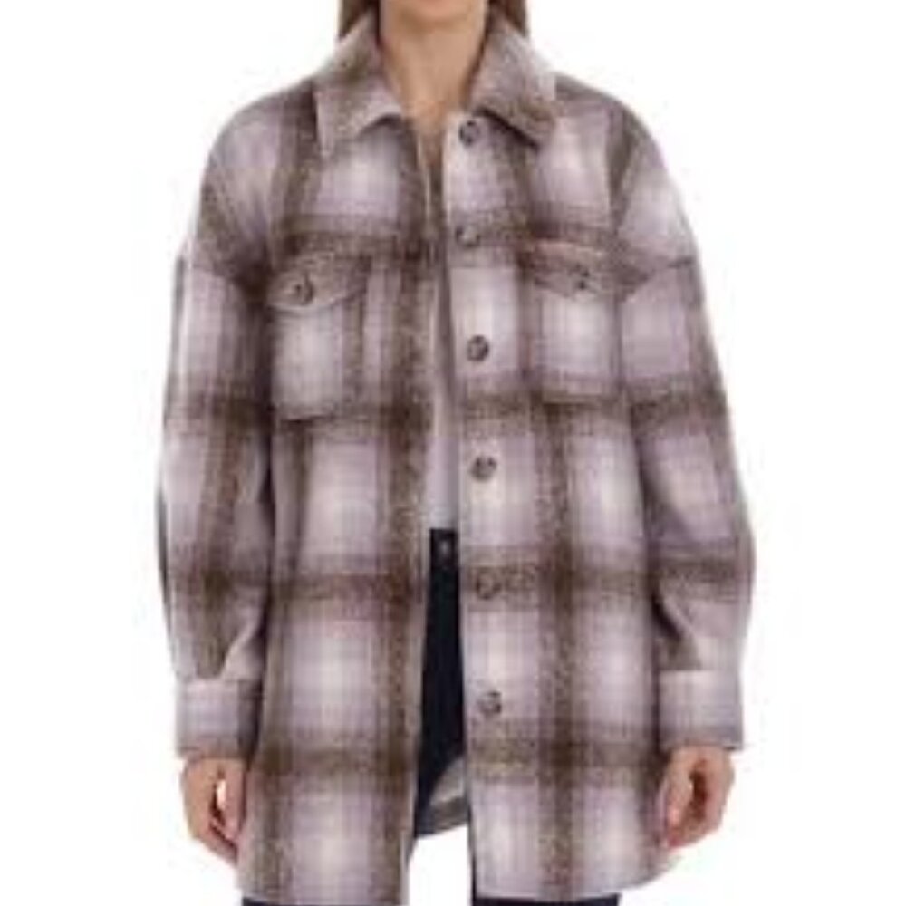 Bagatelle Collection Plaid Fleece Jacket Shacket Large Purple Fall Cozy Outsoor